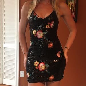 Sexy Black Sequence Floral Dress